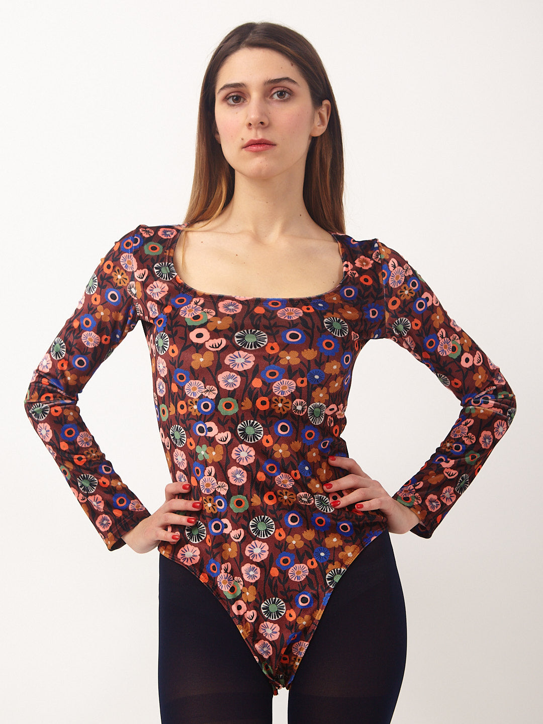 Body De Manga Larga Para Mujer - Cuello Redondo, Capa De Terciopelo, Color Sólido, Tanga, Efecto Moldeador Y Sujetador Integrado