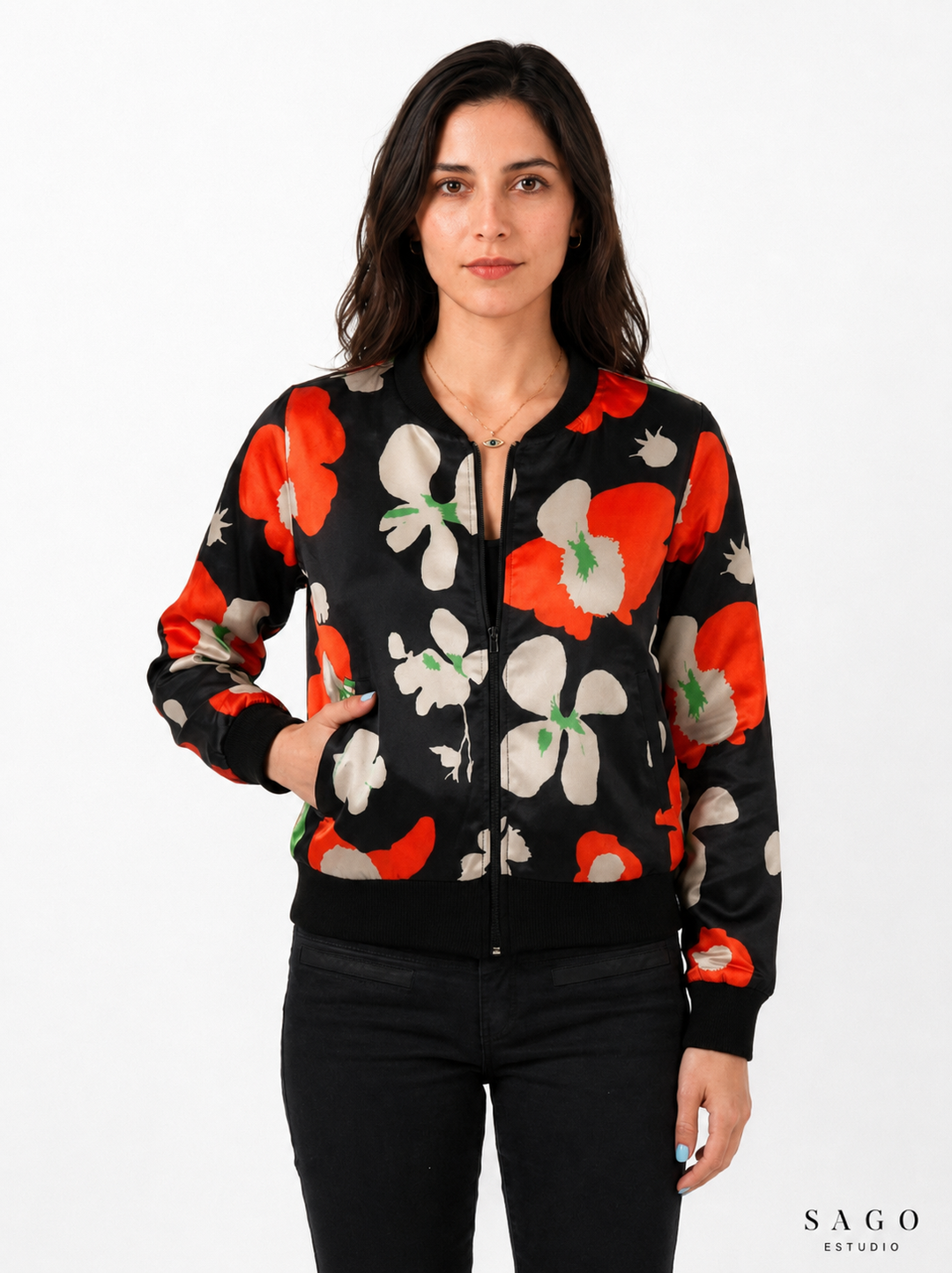 Chaqueta Bomber Sanastasia floral negro