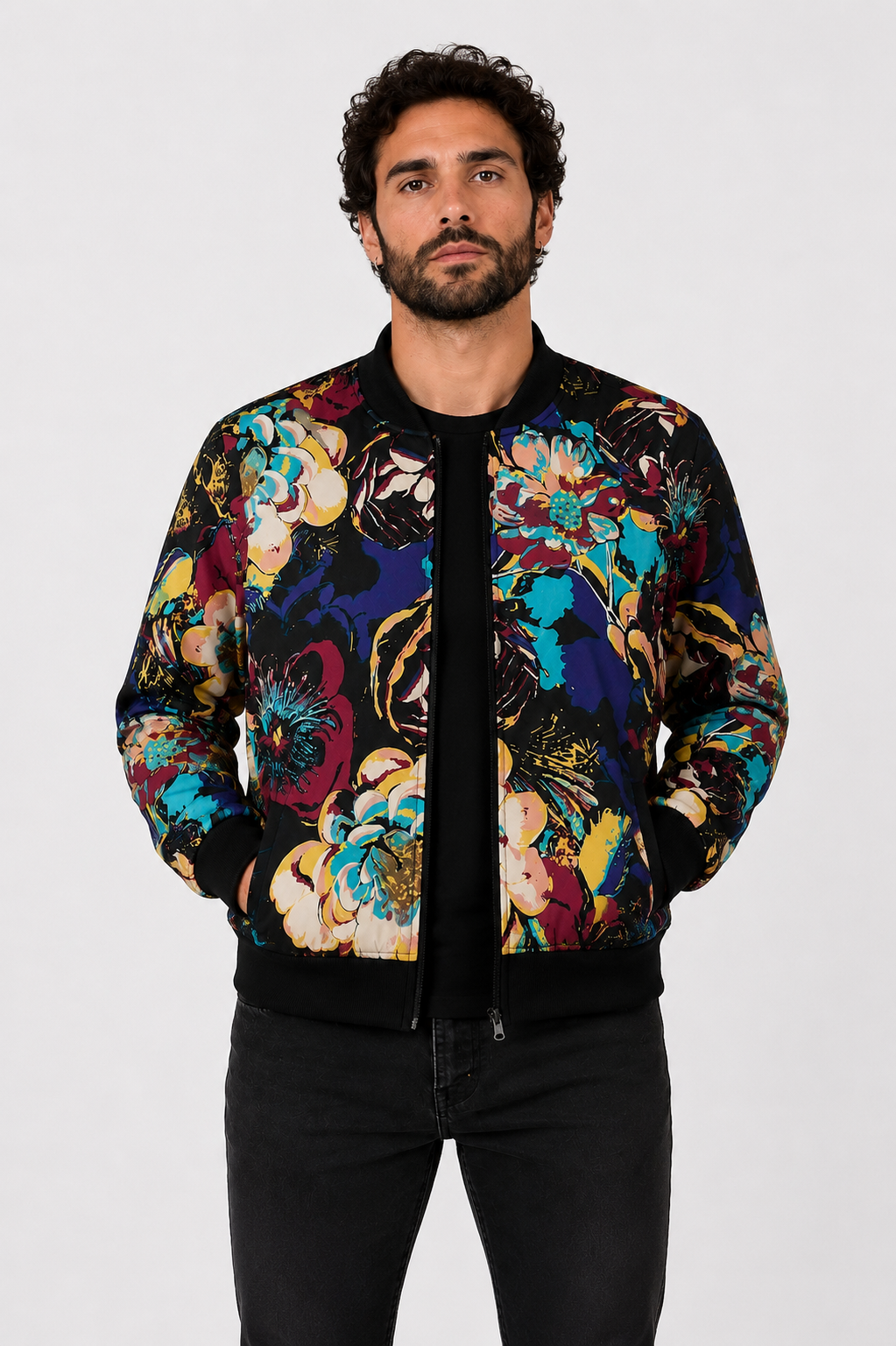 Chaqueta Bomber Floral Negro Plus
