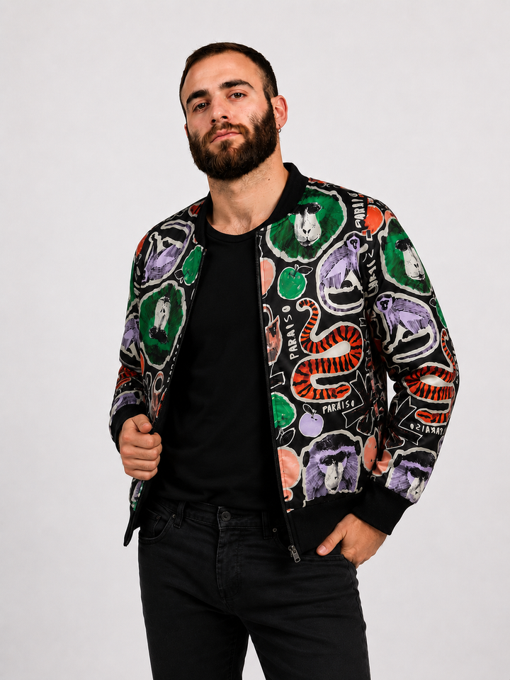 Chaqueta Bomber Paraíso Negro Collage Plus