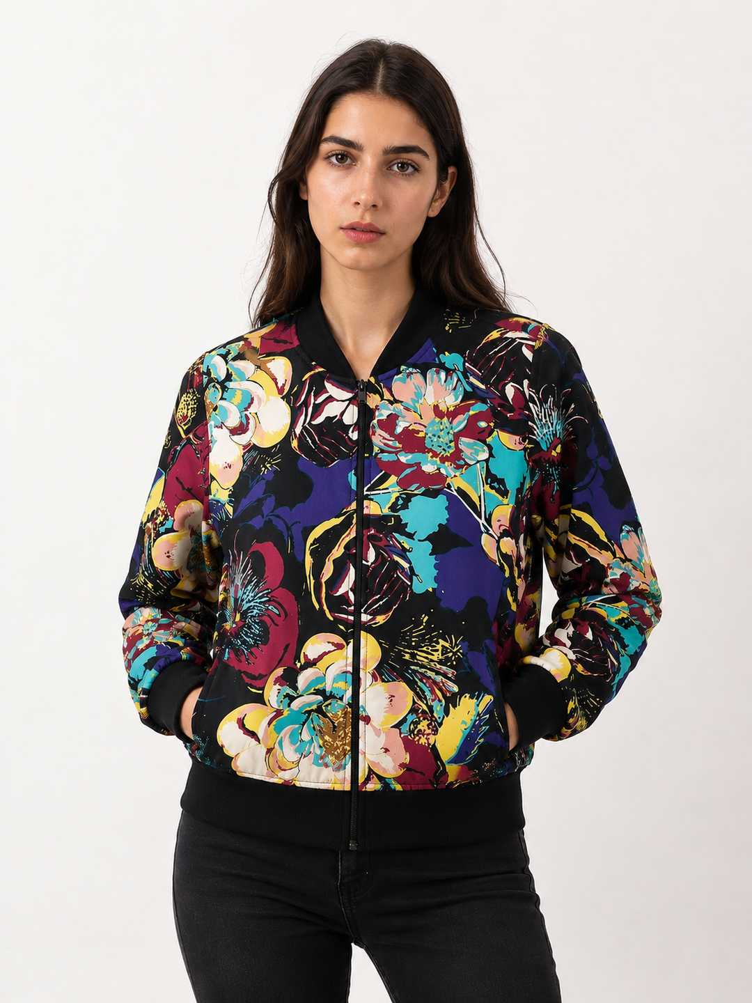 Chaqueta Bomber Floral Negro