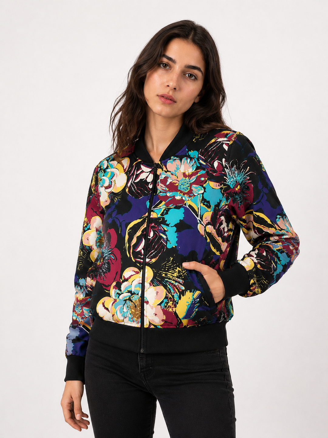 Chaqueta Bomber Floral Negro