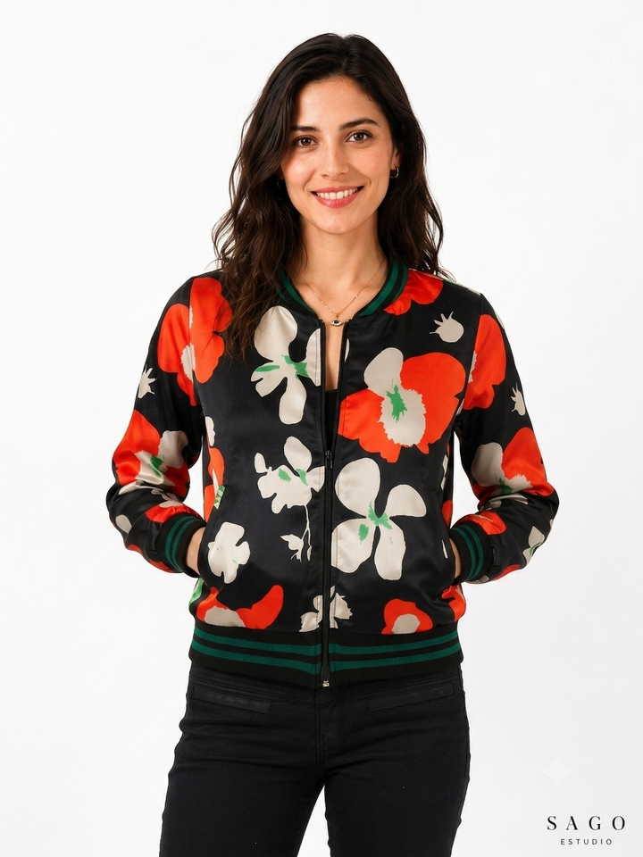 Chaqueta Bomber Sanastasia floral negro