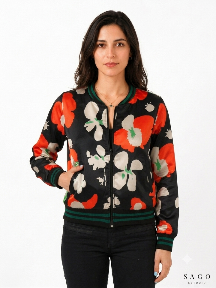 Chaqueta Bomber Sanastasia floral negro