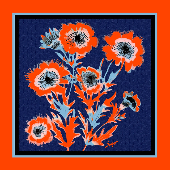 Pañuelo de raso estampado 45x45cm floral rojo y azul