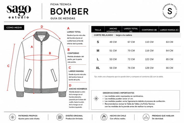 Guía de medidas Bomber SAGO Hombre: corte relajado S M L XL