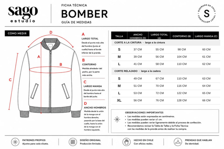Guía de medidas Bomber SAGO: corte a la cintura S M L y corte relajado S M L XL